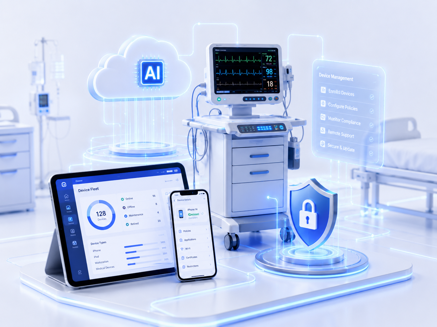 Futuristic healthcare IT illustration with AI, mobile devices, EKG cart, hospital equipment, device management, and security